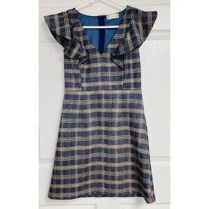 ALTAR’D STATE Size XS Soft Dress Flutter Sleeves Stretch Plaid Blue V Neck EUC